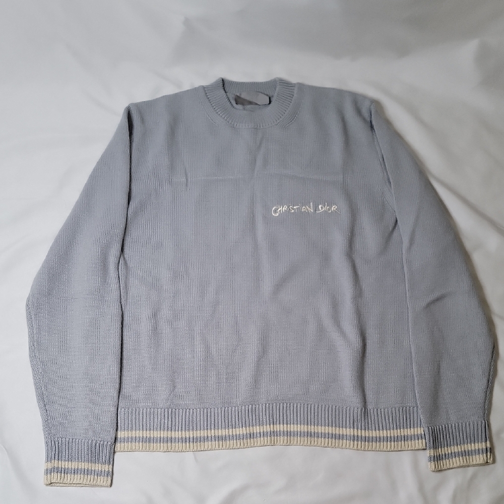 Dior Light Gray Crewneck Sweater with Cream Stripe Trim